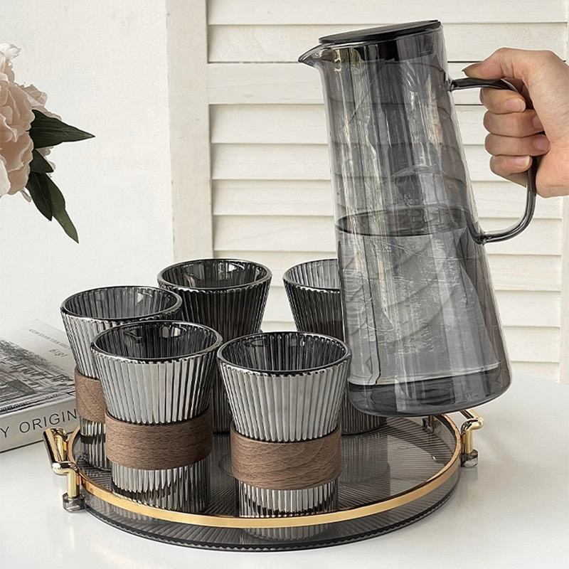 Luxe Ribbed Borosilicate Glass Pitcher Set with Tray (7-Piece)