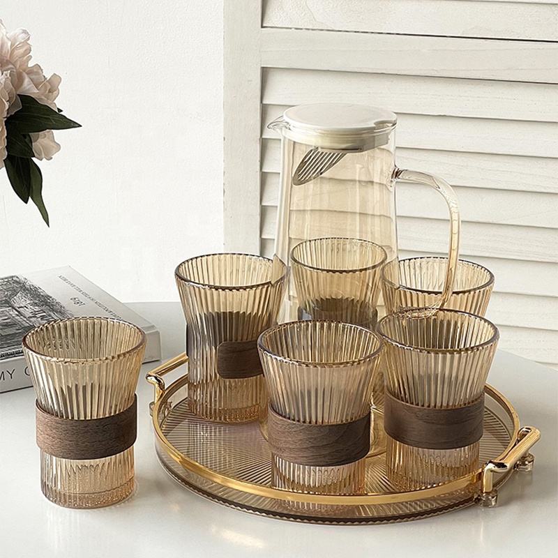 Luxe Ribbed Borosilicate Glass Pitcher Set with Tray (7-Piece)
