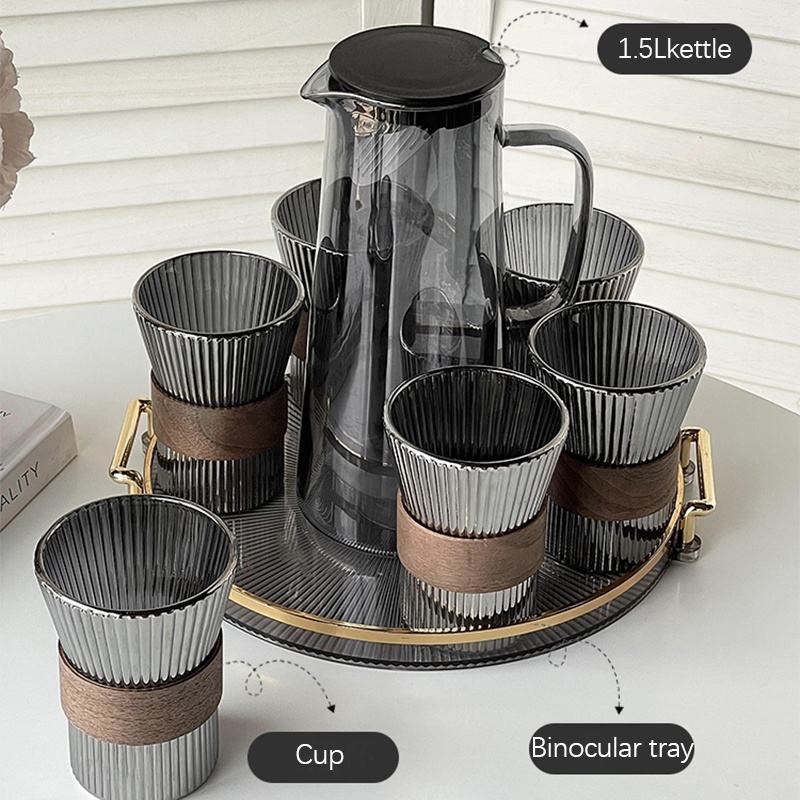 Luxe Ribbed Borosilicate Glass Pitcher Set with Tray (7-Piece)